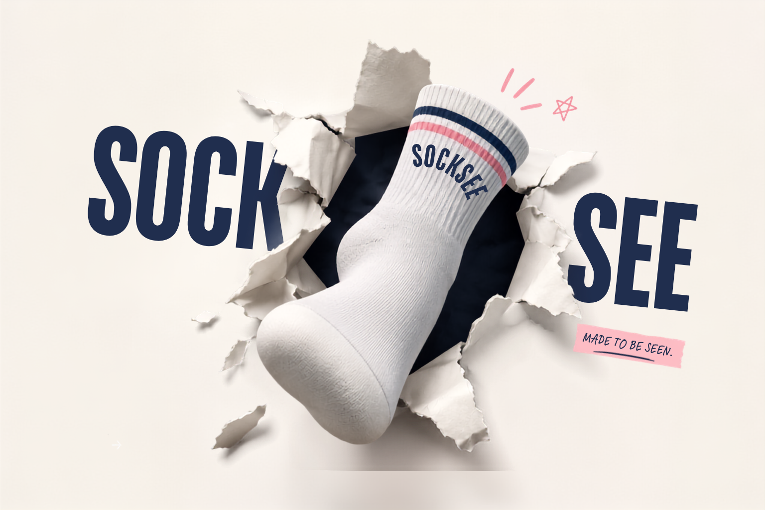SOCKSEE — Made to be seen. Premium crew socks bursting through torn paper.
